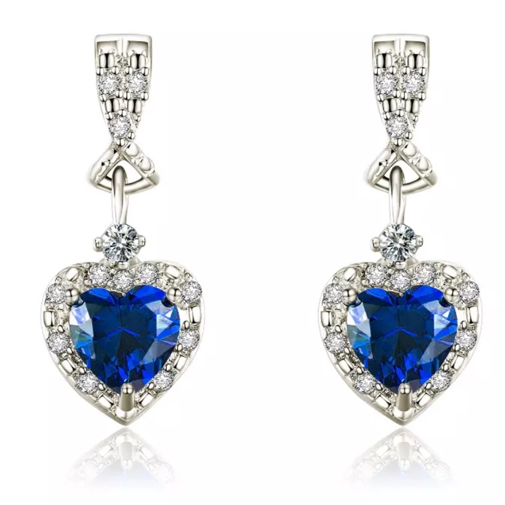 Blue CZ Crystal Heart Stud Earrings NEW
